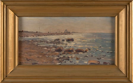 WILHELM EMANUEL BEHM (Sweden/France, 1859-1934), Coastal scene with saltworks., Oil on board, 9.75"