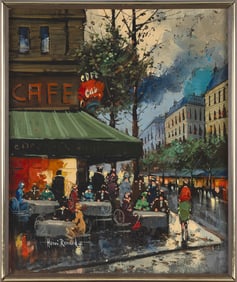 HENRI RENARD (France, 1920-), French cafe., Oil on canvas, 24" x 20". Framed 25" x 21".
