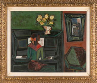GABRIEL ZENDEL (France, 1906-1994), Interior scene with a woman playing a piano., Oil on board,