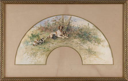 RENE VALETTE (France, 1874-1956), A mother dog with her pups., Watercolor on paper, 5.5" x 18"