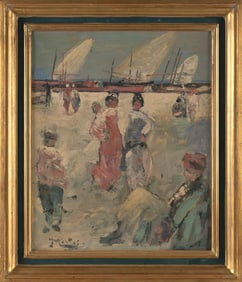 PIERRE EUGENE DE MONTEZIN (France, 1874-1946), Beach goers., Oil on canvas, 18.25" x 15". Framed
