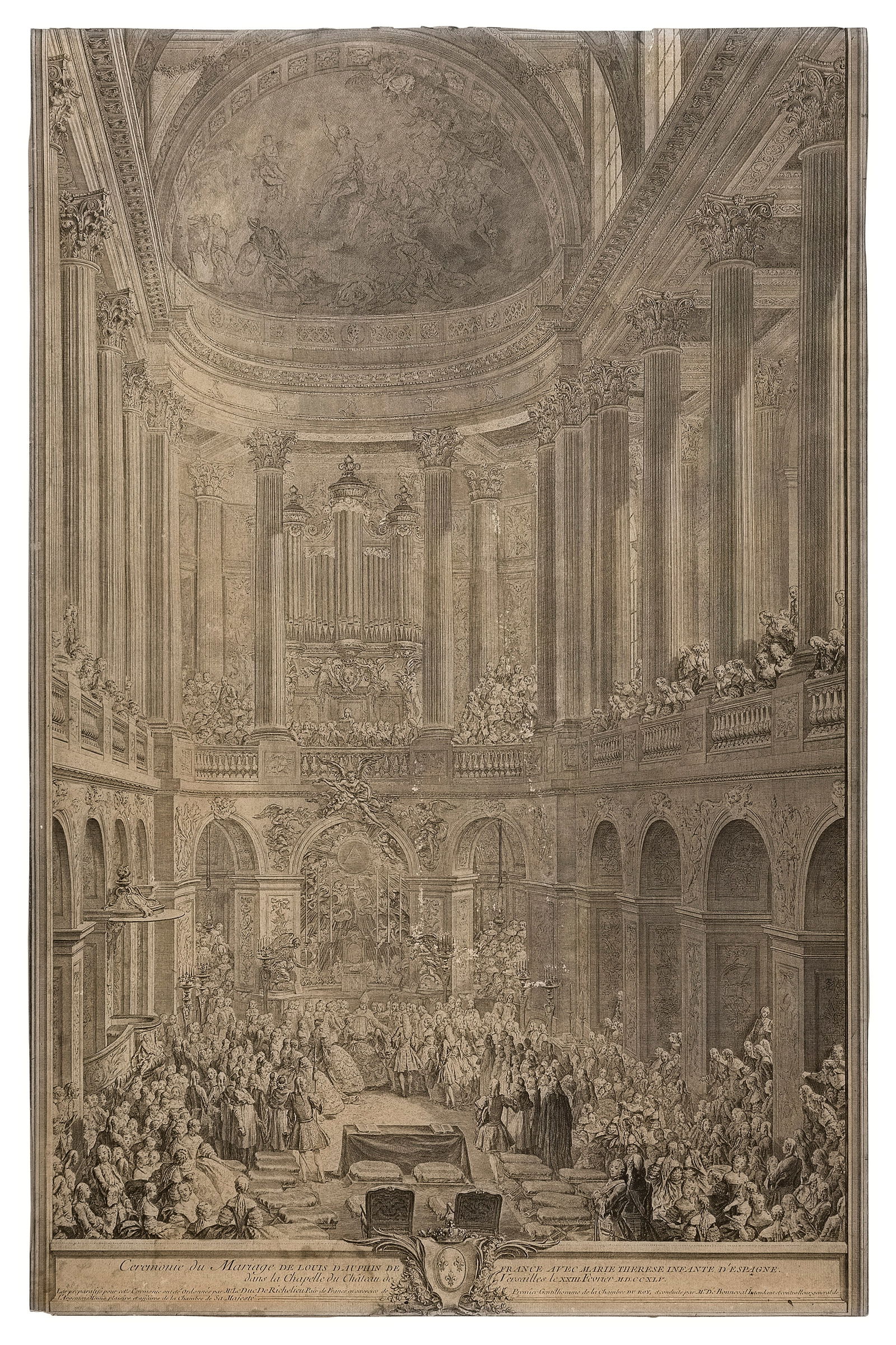 RARE FRENCH ENGRAVING CELEBRATING THE MARRIAGE OF LOUIS AND MARIE TH?R?SE OF SPAIN 18th Century 27": RARE FRENCH ENGRAVING CELEBRATING THE MARRIAGE OF LOUIS AND MARIE TH?R?SE OF SPAIN18th Century"C?r?monie du Mariage de Louis Dauphin de France avec Marie Th?r?se Infante D'Espagne dans la Chapelle du