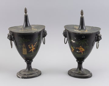 PAIR OF TOLE COVERED URNS Likely France, 19th Century Heights 12".