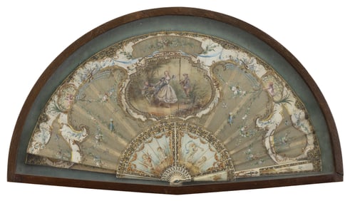 CASED FRENCH HAND-PAINTED FAN 19th Century Case 14" x 25".