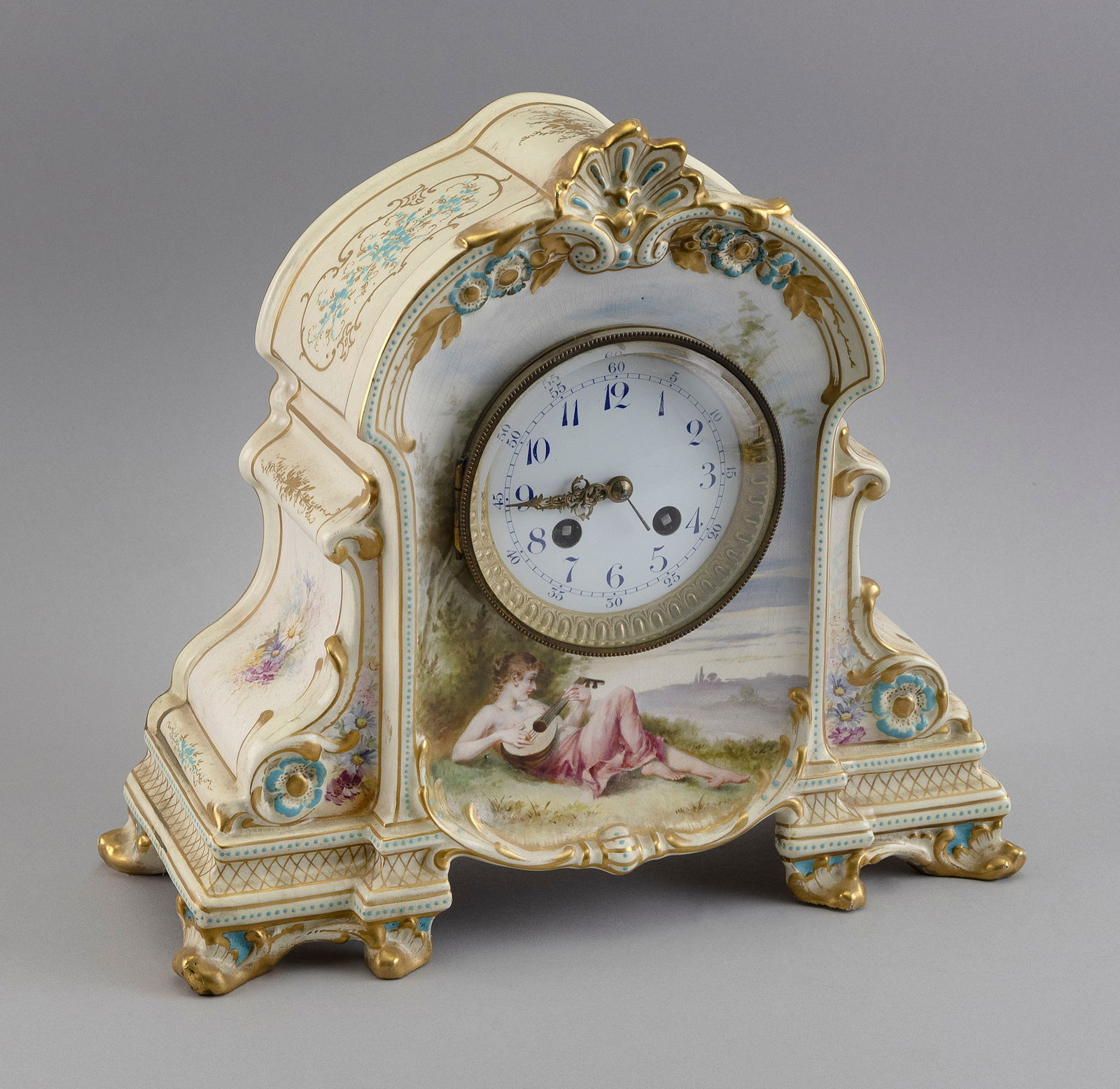FRENCH HAND-PAINTED PORCELAIN MANTEL CLOCK 19th Century Height 12". Width 13". Depth 5". (1 of 2)
