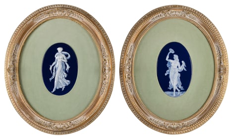 PAIR OF PATE-SUR-PATE COBALT BLUE PORCELAIN PLAQUES France, Late 19th/Early 20th Century Plaques