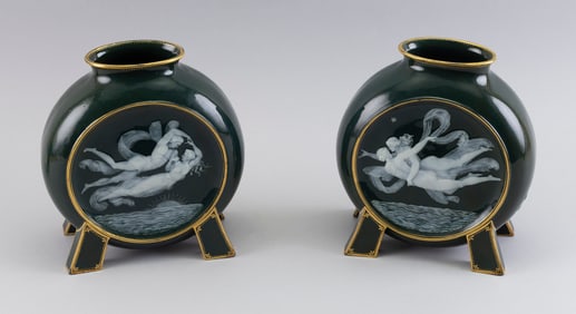 PAIR OF GEORGE JONES PATE-SUR-PATE PORCELAIN VASES England, 19th Century Heights 9".