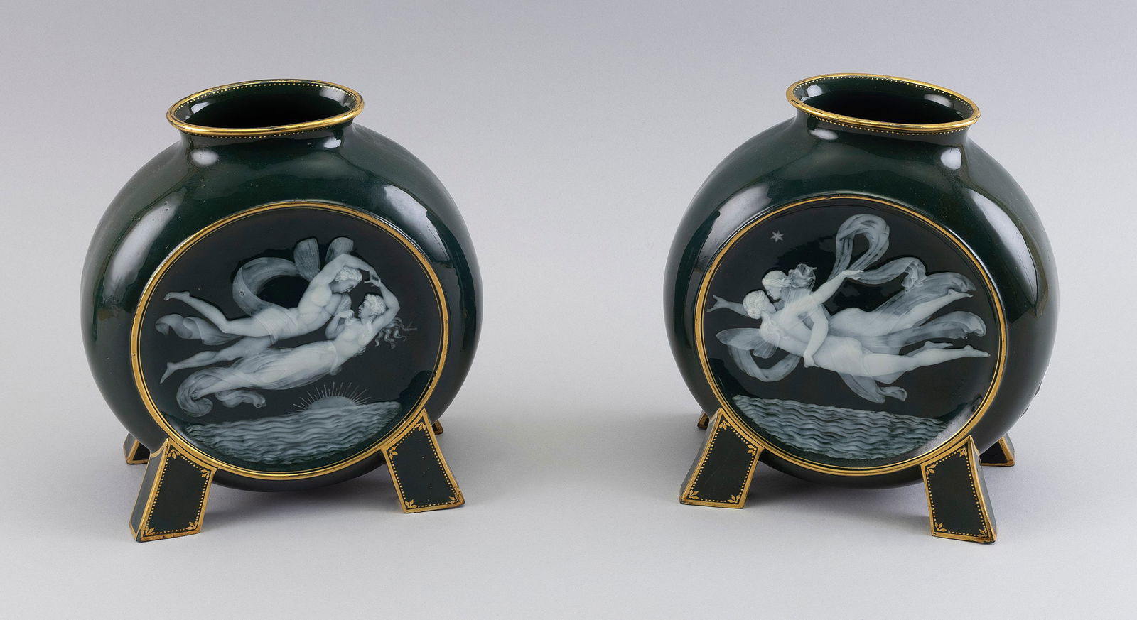 PAIR OF GEORGE JONES PATE-SUR-PATE PORCELAIN VASES England, 19th Century Heights 9". (1 of 3)