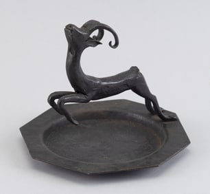 EDGAR BRANDT (France, 1880-1950), Leaping antelope ashtray., Hammered metal, height 5". Width 5.5".