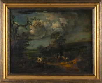 CONTINENTAL SCHOOL (18th Century,), Landscape with animals and figures., Oil on panel, 16" x 21.5".