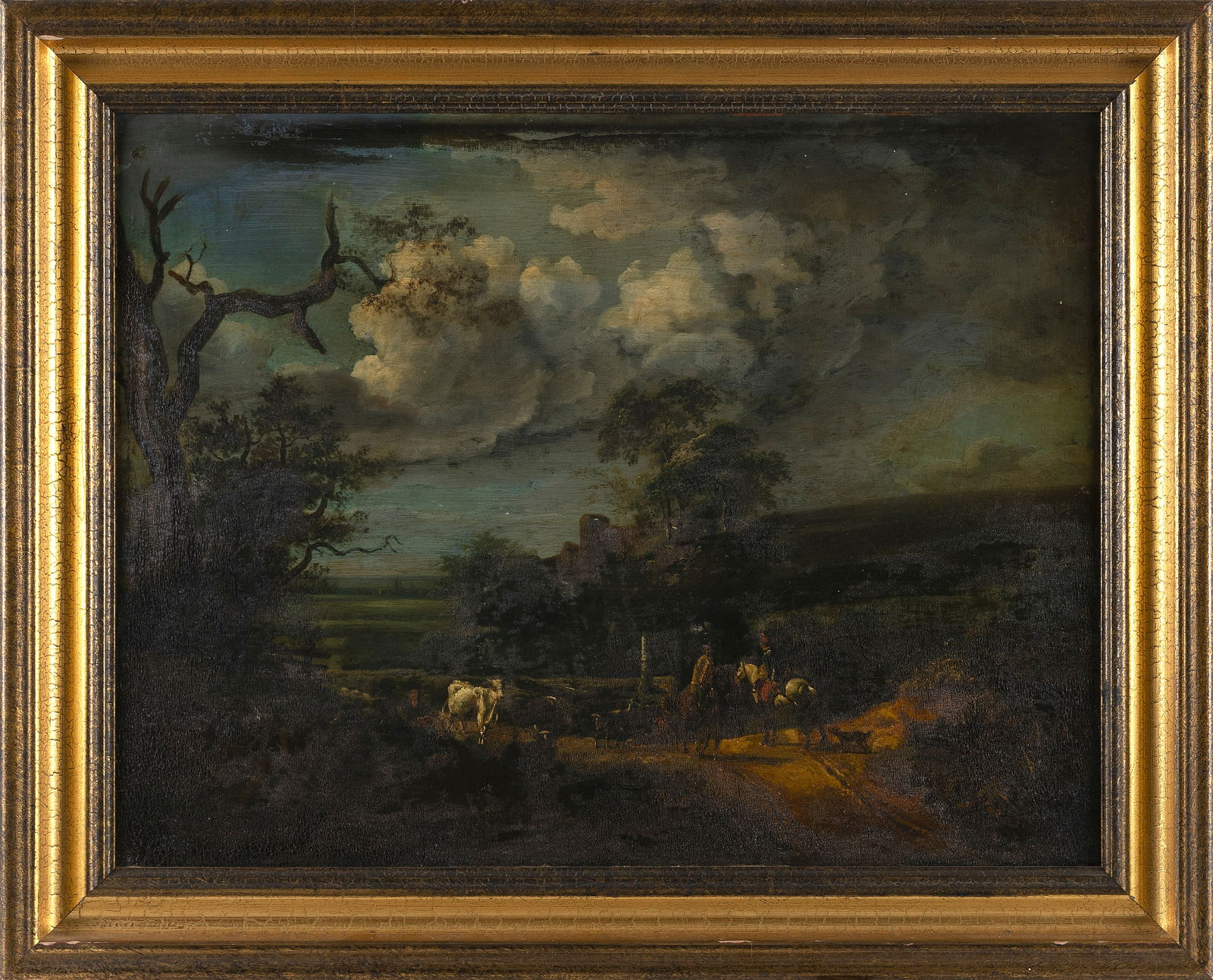 CONTINENTAL SCHOOL (18th Century,), Landscape with animals and figures., Oil on panel, 16" x 21.5".: CONTINENTAL SCHOOL18th CenturyLandscape with animals and figures. Unsigned.Oil on panel, 16" x 21.5". Framed 20.5" x 25.5".