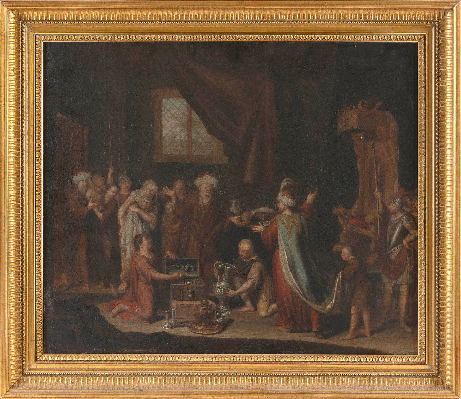 CONTINENTAL SCHOOL (19th Century or Earlier,), Presentation of gifts by the Magi., Oil on canvas,: CONTINENTAL SCHOOL19th Century or EarlierPresentation of gifts by the Magi. Unsigned.Oil on canvas, 16" x 19.5" sight. Framed 21" x 25". Provenance:Private Collection, Martha's Vineyard.