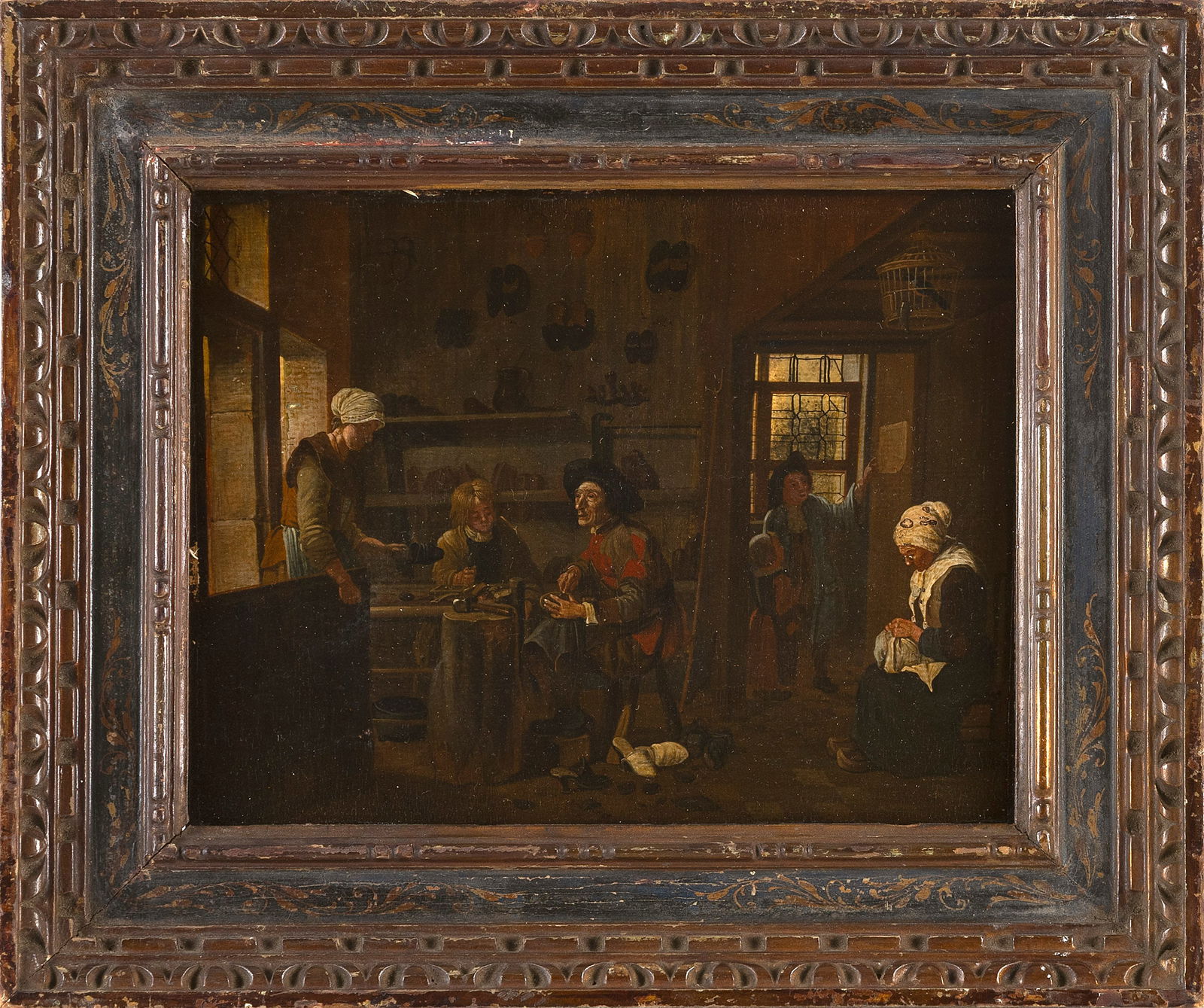 CONTINENTAL SCHOOL (19th Century or Earlier,), A cobbler's shop., Oil on panel, 6.5" x 8.5". Framed: CONTINENTAL SCHOOL19th Century or EarlierA cobbler's shop. Unsigned.Oil on panel, 6.5" x 8.5". Framed 10.25" x 12.25".
