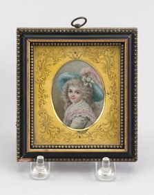 CONTINENTAL SCHOOL (19th Century,), Miniature portrait of a young lady wearing a blue hat.,