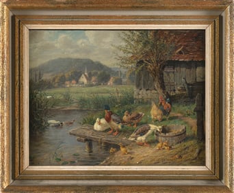 CONTINENTAL SCHOOL (19th Century,), Landscape with ducks., Oil on panel, 8.25" x 10.5". Framed 11" x