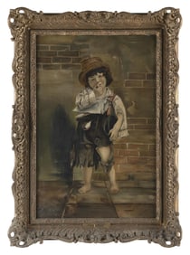 PAINTING OF A BOY EATING AN APPLE 19th Century Oil on canvas, 30" x 20". Framed 37" x 27".
