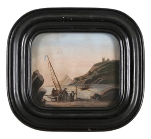 CONTINENTAL SEASCAPE 19th Century Watercolor on paper, 5" x 5.5". Framed 8" x 9".