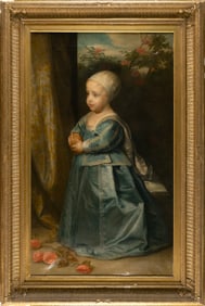 ENGLISH SCHOOL (19th Century,), Portrait of a child wearing a blue dress., Oil on canvas, 46.25"