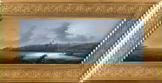 CONTINENTAL SCHOOL (19th Century,), Moonlit seascape., Oil on board, 10" x 25". Framed 16" x 31".