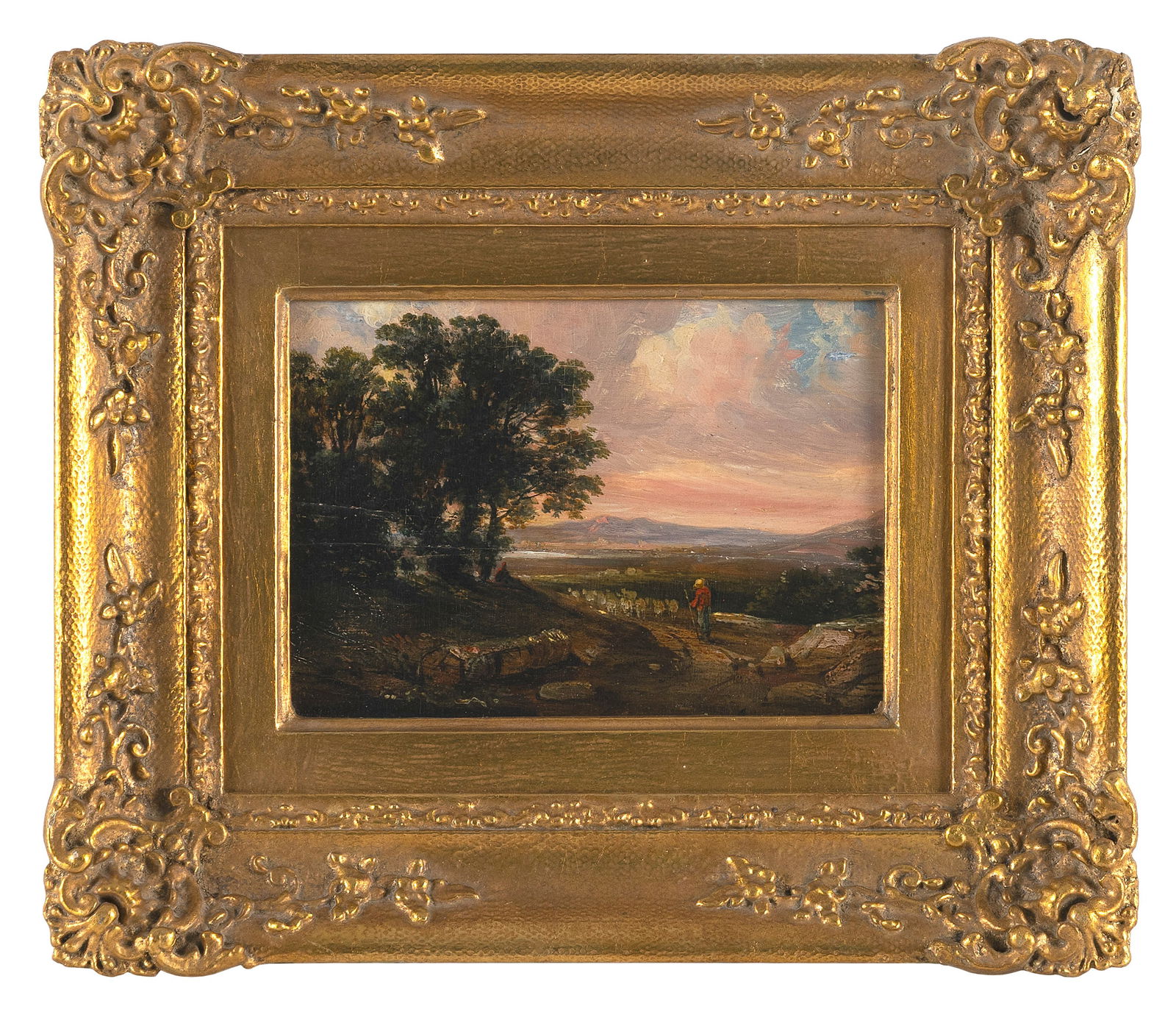 CONTINENTAL SCHOOL (19th Century,), Sunset landscape., Oil on panel, 5.25" x 7.5". Framed 10" x (1 of 2)