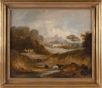 CONTINENTAL SCHOOL (19th Century,), Landscape with cattle and a distant castle., Oil on canvas, 20"