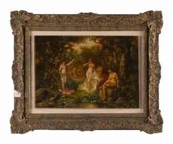 CONTINENTAL SCHOOL (19th Century,), Nudes in a landscape., Oil on canvas laid down on board, 11" x