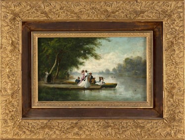 CONTINENTAL SCHOOL (19th Century,), Boating party., Oil on canvas, 6.25" x 10". Framed 12" x 16.5".