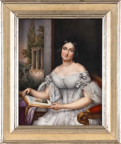 CONTINENTAL SCHOOL (19th Century,), A young woman holding an art book, with classical ruins in the