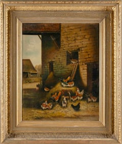 CONTINENTAL SCHOOL (19th Century,), Barnyard scene with chickens., Oil on canvas laid down on board,