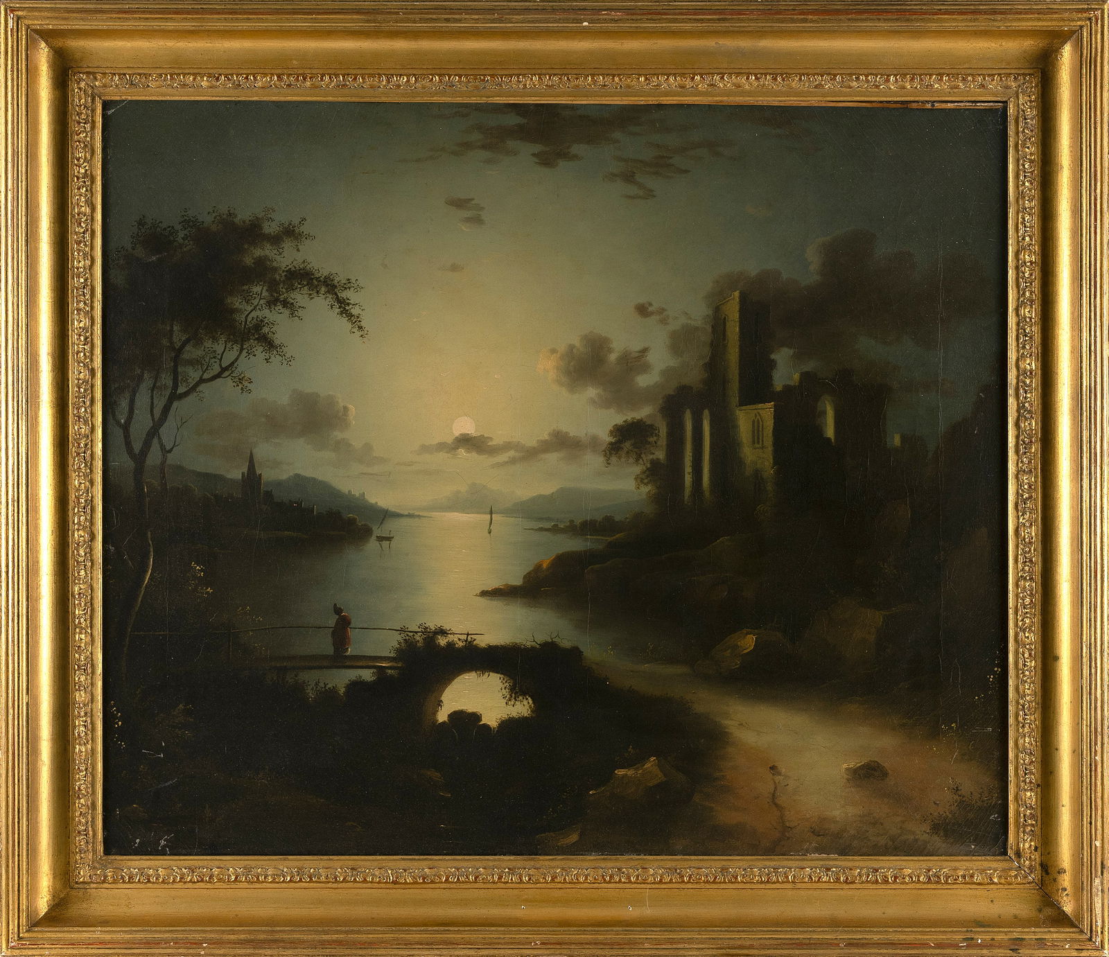 CONTINENTAL SCHOOL , Castle at moonlight., Oil on canvas, 25" x 30". Framed 30.5" x 35.75". (1 of 2)