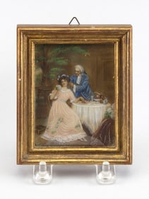 CONTINENTAL SCHOOL (19th Century,), Miniature painting depicting a gentleman attending to a lady.,