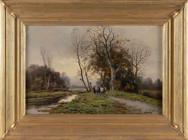 CONTINENTAL SCHOOL (Late 19th Century,), Landscape with cows., Oil on canvas, 10.5" x 16.5". Framed