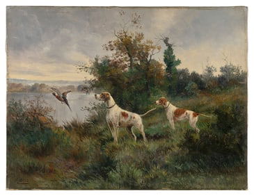 CONTINENTAL SCHOOL (Early 20th Century,), Setters on point., Oil on canvas, 19.75" x 25.5".