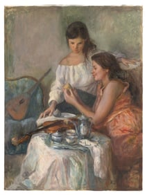 CONTINENTAL SCHOOL (Contemporary,), Two young girls at tea time., Oil on canvas, 31.5" x 23.5".