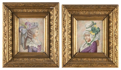 PAIR OF CONTINENTAL PAINTED PORCELAIN PORTRAIT PLAQUES 18th Century 8" x 6.5". Framed 13.5" x 12".