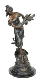 BRONZE FIGURE OF A CLASSICALLY DRAPED WOMAN HOLDING A SHEAF OF WHEAT 19th Century Height 34".
