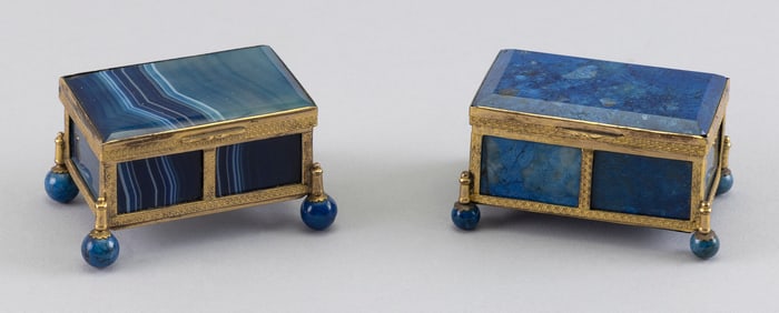 TWO BRASS AND LAPIS LAZULI DESK BOXES Late 19th/Early 20th Century Heights approx. 1.5". Widths