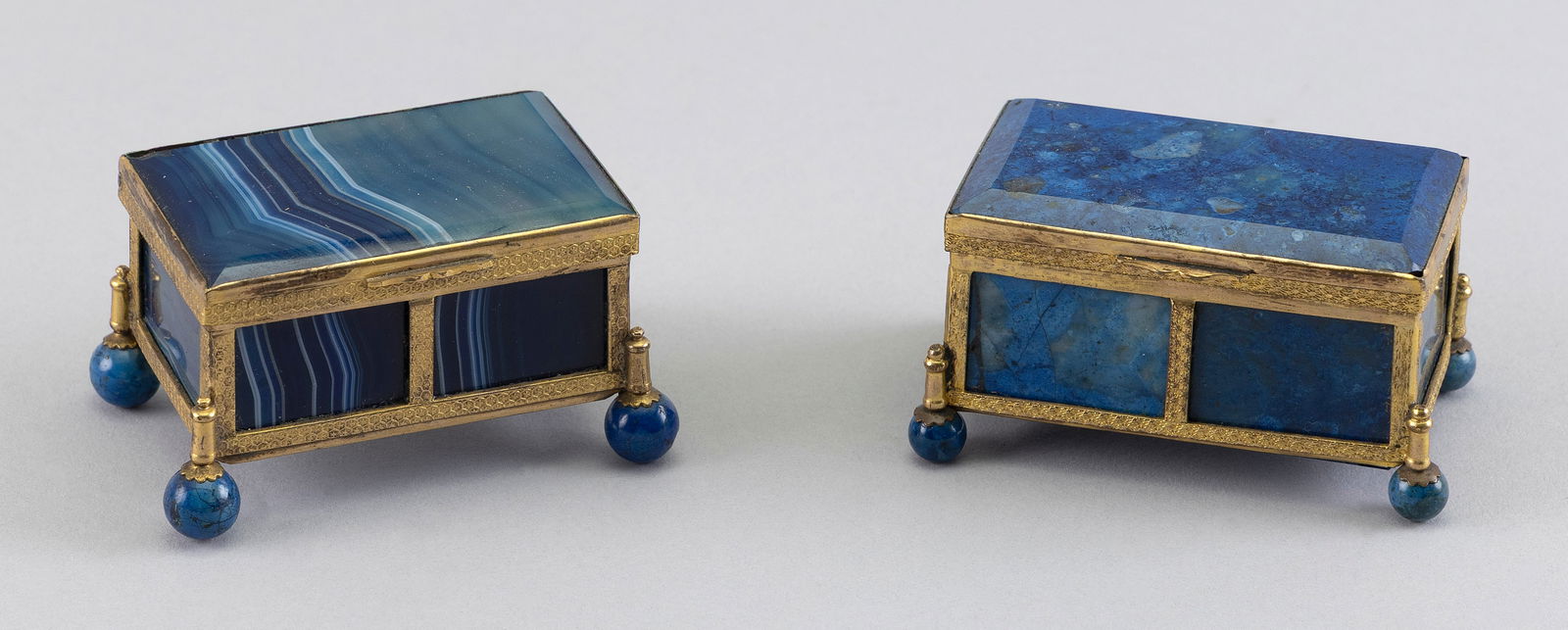 TWO BRASS AND LAPIS LAZULI DESK BOXES Late 19th/Early 20th Century Heights approx. 1.5". Widths (1 of 3)