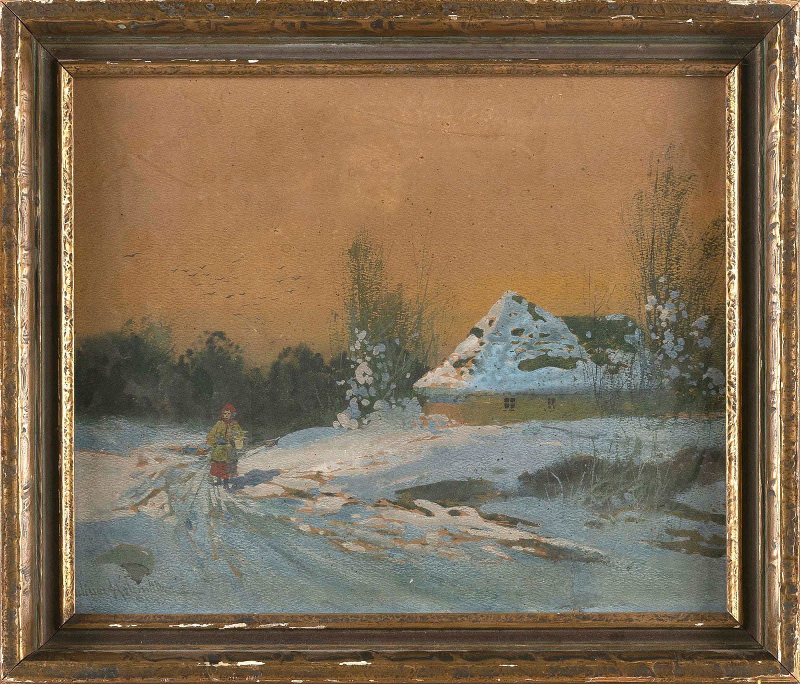 JULIUSZ HOLZMULLER (Poland, 1876-1932), Snow-covered farm., Watercolor and gouache, 10.75" x 13.5" (1 of 2)