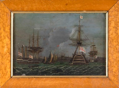 SCANDINAVIAN SCHOOL (19th Century,), Battleships on a stormy sea., Oil on tin, 9" x 13.5". Framed