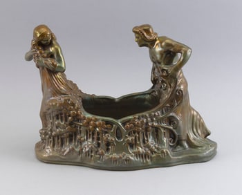 ZSOLNAY PECS IRIDESCENT EOSIN-GLAZED FIGURAL PORCELAIN CENTERPIECE BOWL Hungary, Late 19th Century
