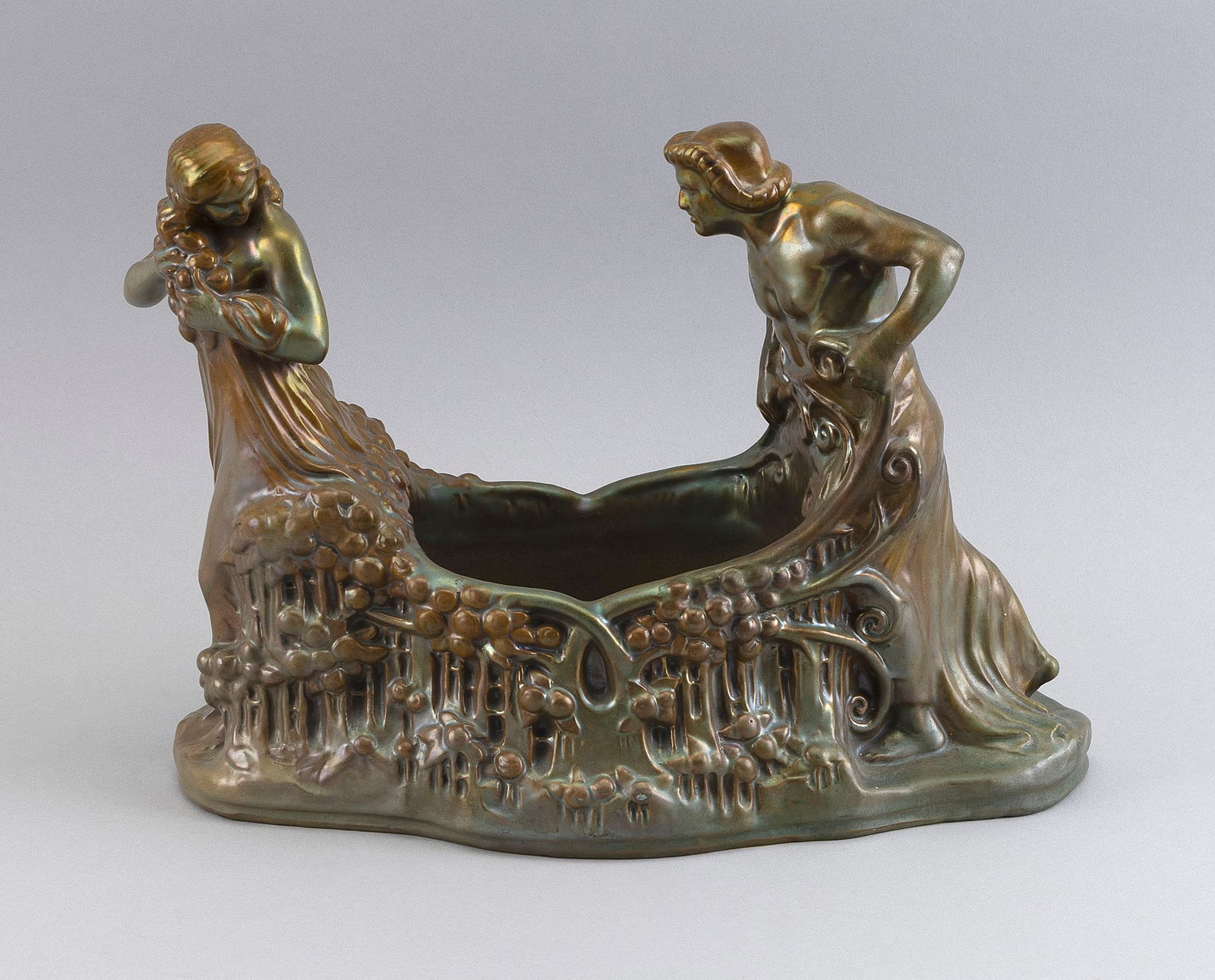 ZSOLNAY PECS IRIDESCENT EOSIN-GLAZED FIGURAL PORCELAIN CENTERPIECE BOWL Hungary, Late 19th Century (1 of 4)