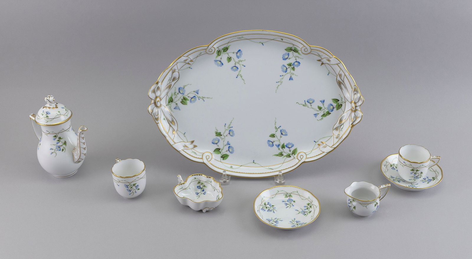 HEREND "MORNING GLORY" PORCELAIN TEA SET Hungary, 20th Century Tray length 16". (1 of 1)
