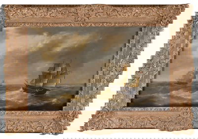 LOUIS-CHARLES VERBOECKHOVEN (Belgium, 1802-1889), Ships at sea., Oil on canvas, 18" x 29.75". Framed
