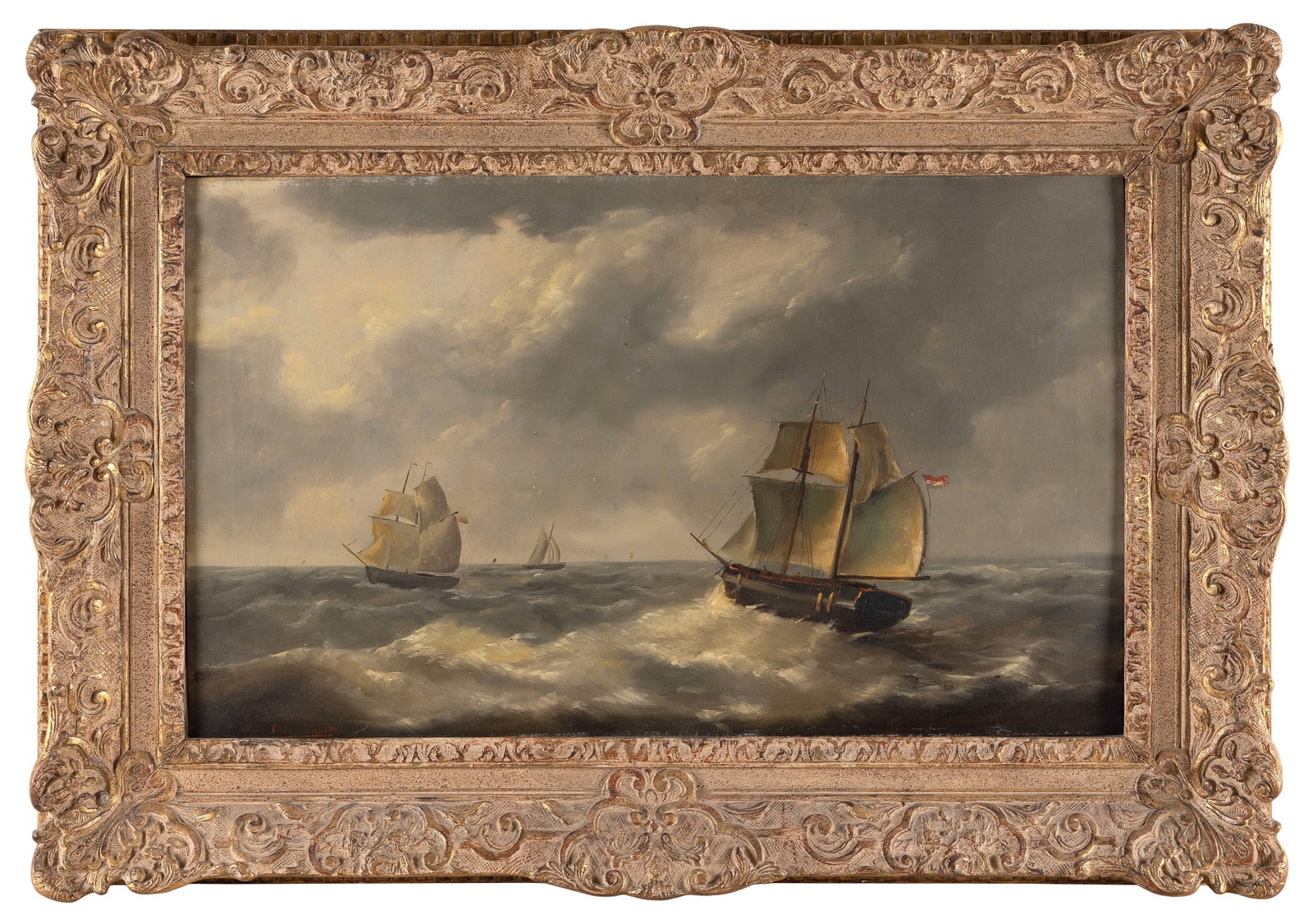 LOUIS-CHARLES VERBOECKHOVEN (Belgium, 1802-1889), Ships at sea., Oil on canvas, 18" x 29.75". Framed: LOUIS-CHARLES VERBOECKHOVEN Belgium, 1802-1889 Ships at sea. Signed lower left "L. Verboeckhoven". Oil on canvas, 18" x 29.75". Framed 27" x 38.5".