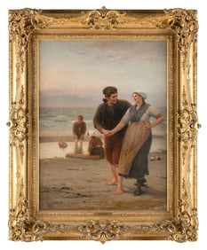 HENRI JACQUES BOURCE (Belgium, 1826-1899), Beach scene with a couple holding hands as they walk past