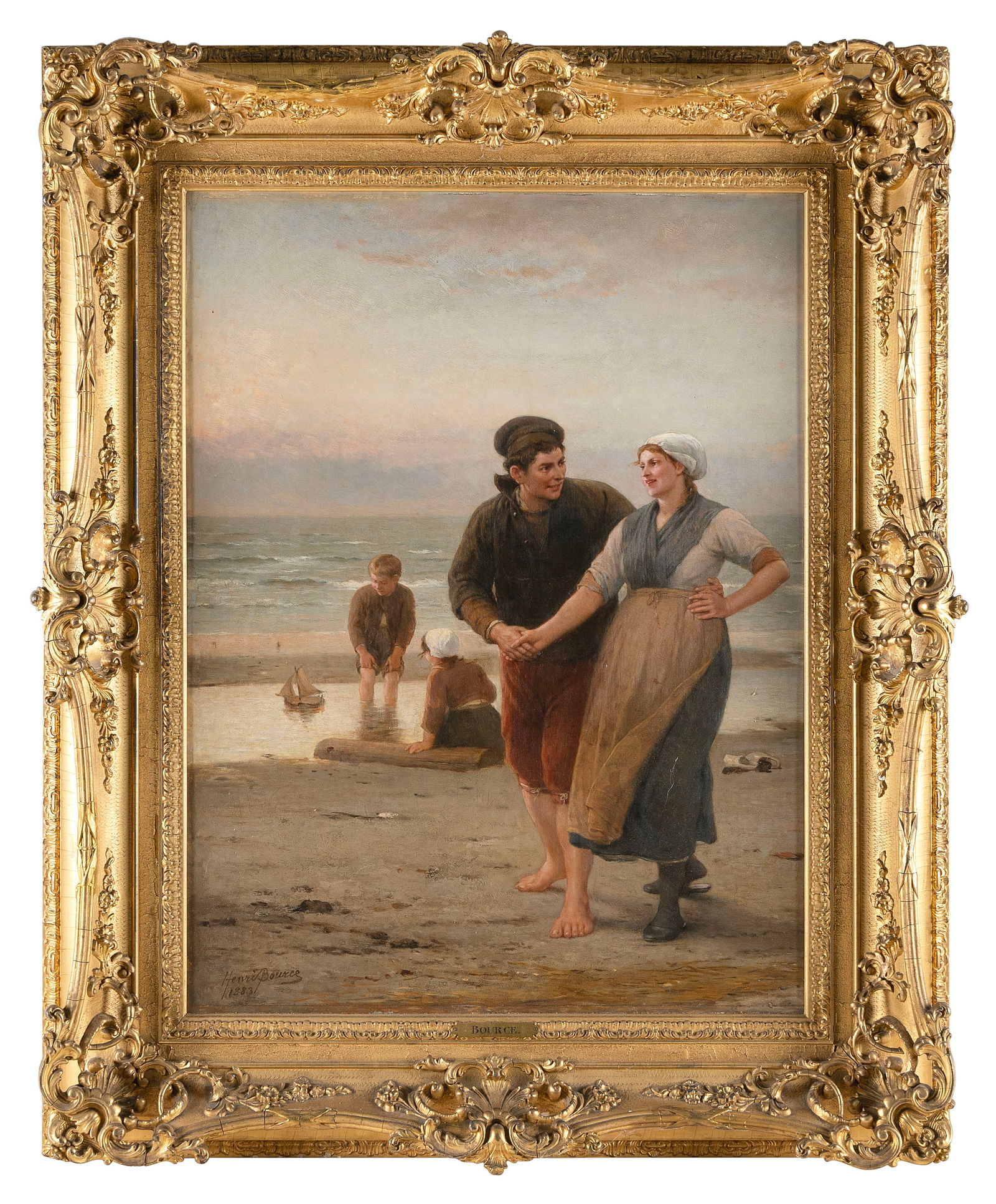HENRI JACQUES BOURCE (Belgium, 1826-1899), Beach scene with a couple holding hands as they walk past (1 of 2)