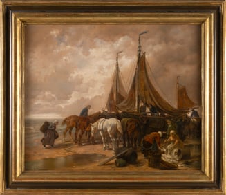 DESIRE THOMASSIN (Austria/Germany/France, 1858-1933), Unloading the catch., Oil on cradled panel,