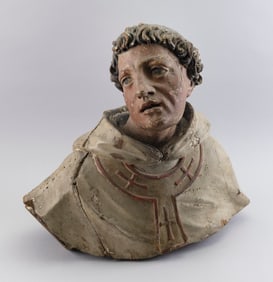 CONTINENTAL CARVED AND POLYCHROMED WOODEN RELIGIOUS FIGURE 19th Century Height 19".