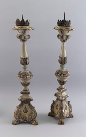 PAIR OF SPANISH OR SPANISH COLONIAL CARVED, PAINTED AND GILDED WOODEN CANDLESTICKS Early 19th